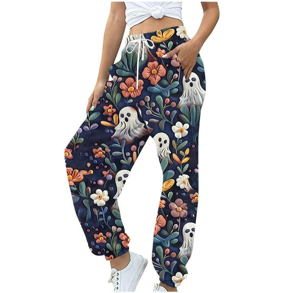 Virmaxy Womens 2024 Halloween Printed Sports Loose Casual Wide Leg Drawstring Pocket Sweatpants Long Pants Solid Color Sports Loose Casual Wide Leg Leggings Multicolor-5 XXL
