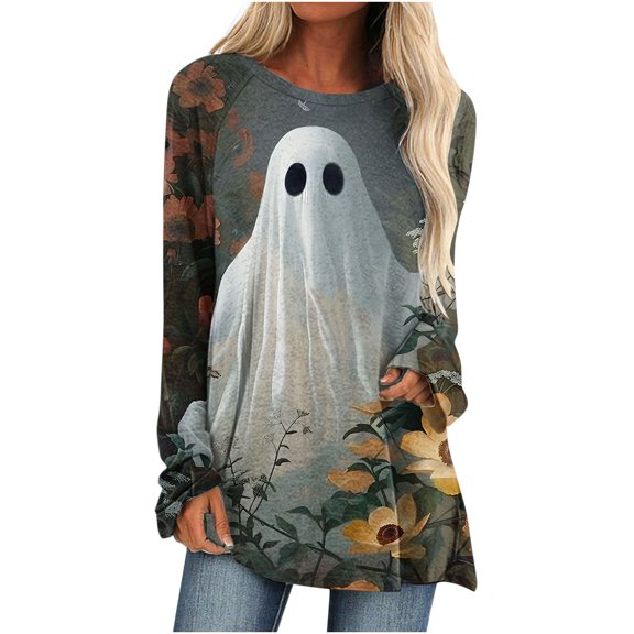 Virmaxy Womens 2024 New Casual Fashion Round Neck Long Sleeve Pullover Printed Top Long Sleeve Round Neck Tops/Shirts White-10 S