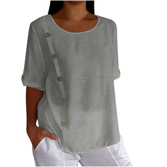 Virmaxy Womens 2024 New Cotton Linen Blouse Tops Cotton And Linen Button Design Mid Sleeve Casual Shirt Short Sleeve Round Neck Top/Shirt Gray L