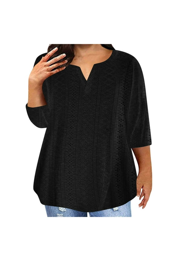 Womens 2024 New Oversized Eyelet Tops Casual Big Size Solid Color Plug V-Neck 7/4 Sleeve T-Shirt Loose Top Black 2XL