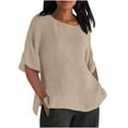 thumbnail image 1 of Virmaxy Womens 2024 New Summer Comfy Blouse Tops Solid Color Round Collar Cotton Linen Shirt Half Sleeve Casual Blouse Five Points Sleeve Round Collar Blouse/Shirt Khaki XS, 1 of 5