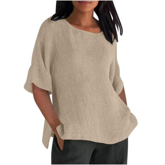 Virmaxy Womens 2024 New Summer Comfy Blouse Tops Solid Color Round Collar Cotton Linen Shirt Half Sleeve Casual Blouse Five Points Sleeve Round Collar Blouse/Shirt Khaki XS