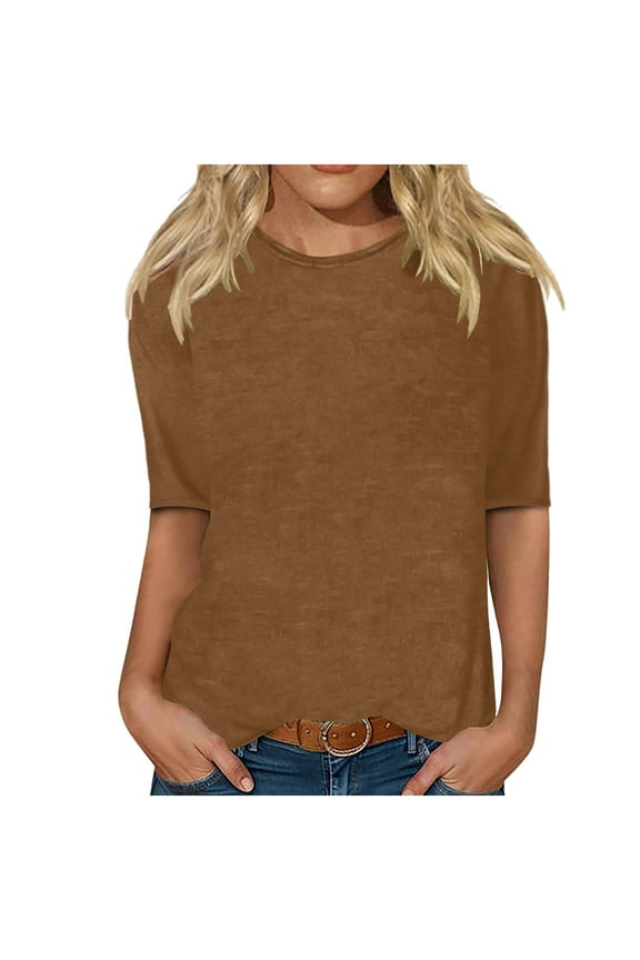 Womens 2024 New Summer Trendy Blouse Tops Loose Mid-Sleeve Solid Color Round Neck Top T-Shirt Round Neck Top/Shirt Coffee XS