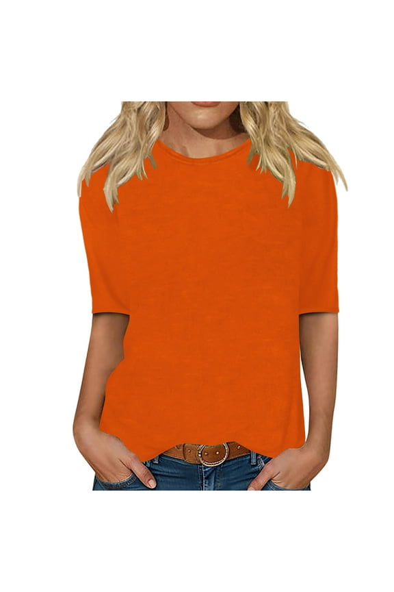 Womens 2024 New Summer Trendy Blouse Tops Loose Mid-Sleeve Solid Color Round Neck Top T-Shirt Round Neck Top/Shirt Orange L