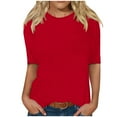thumbnail image 1 of Virmaxy Womens 2024 New Summer Trendy Blouse Tops Loose Mid-Sleeve Solid Color Round Neck Top T-Shirt Round Neck Top/Shirt Red S, 1 of 5