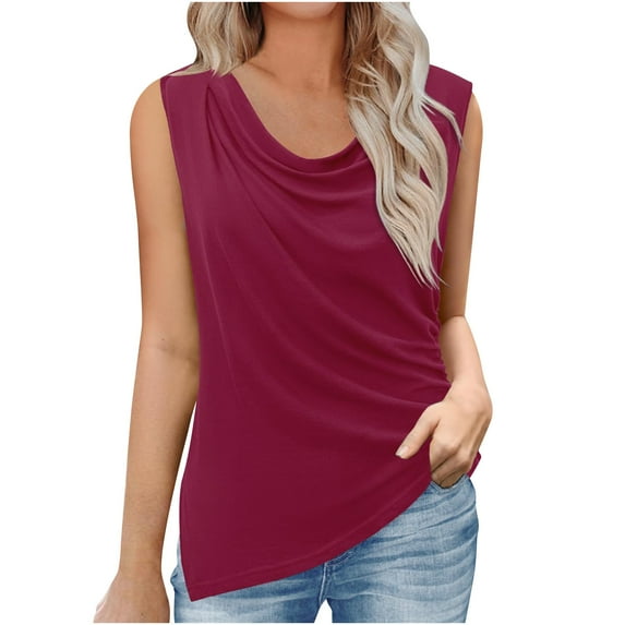 Virmaxy Womens 2024 New Summer Trendy Blouse Tops Pleated Round Neck Tank Top Casual Sleeveless Solid Color Tank Top V-Neck Tank Top Burgundy L