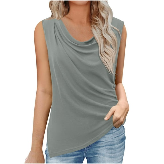 Virmaxy Womens 2024 New Summer Trendy Blouse Tops Pleated Round Neck Tank Top Casual Sleeveless Solid Color Tank Top V-Neck Tank Top Gray M
