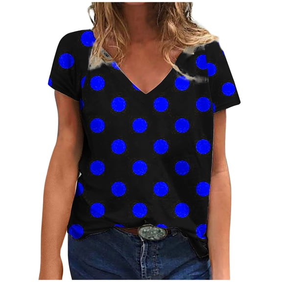 Virmaxy Womens 2024 New Summer Trendy Blouse Tops Tops Polka Dot Original Printed V-Neck Short Sleeve T-Shirt Blue-C XS