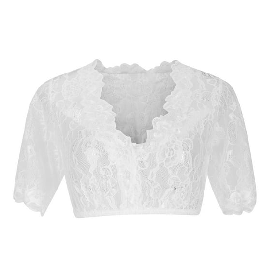 Virmaxy Womens 2024 Tops Oktoberfest Lace Fitted V-Neck Short Sleeve Tops Stand-up Collar Blouse Dirndl Blouse Lace Blouse For Oktoberfest Tops White-3 XXXXXL