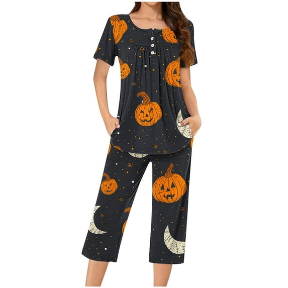 Virmaxy Womens 2024 cobweb pattern Capri pajamas sets Fashionable Casual Loose Printed Round Neck Button Up Capris Pajama Set Black-2 L