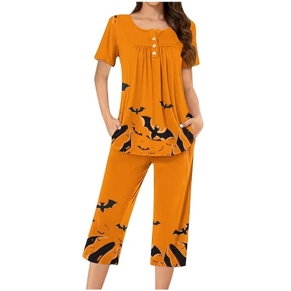 Virmaxy Womens 2024 cobweb pattern Capri pajamas sets Fashionable Casual Loose Printed Round Neck Button Up Capris Pajama Set Orange-6 L