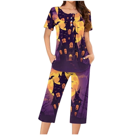 Virmaxy Womens 2024 cobweb pattern Capri pajamas sets Fashionable Casual Loose Printed Round Neck Button Up Capris Pajama Set Purple-4 S