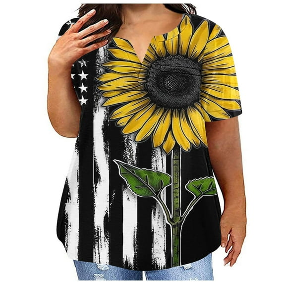 Virmaxy Womens 4th of July Shirts Independence Day Plus Size V-Neck Short Sleeve T-Shirt Casual Printed Top Short Sleeve V-Neck Top/Shirt Black-3 Xxxl