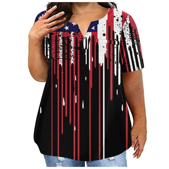 Virmaxy Womens 4th of July Shirts Independence Day Plus Size V-Neck Short Sleeve T-Shirt Casual Printed Top Short Sleeve V-Neck Top/Shirt Black-1 Xxxxl