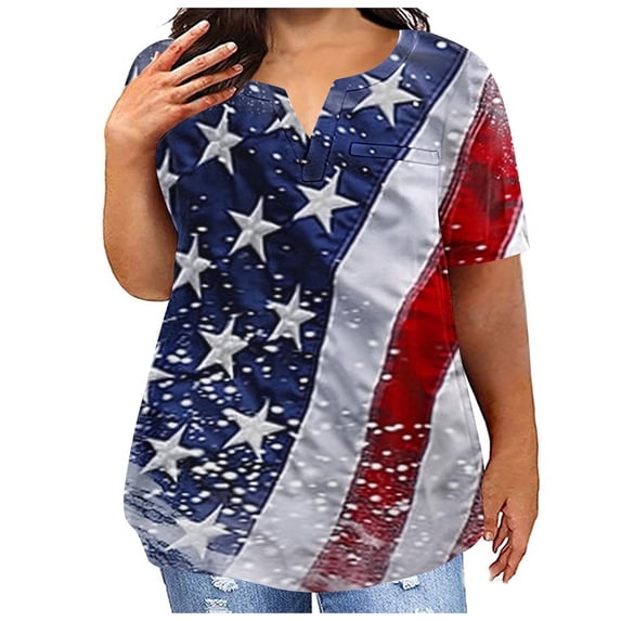 Virmaxy Womens 4th of July Shirts Independence Day Plus Size V-Neck Short Sleeve T-Shirt Casual Printed Top Short Sleeve V-Neck Top/Shirt Blue-3 L