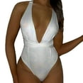 thumbnail image 1 of Virmaxy Womens Alluring Sequins One Piece Swimsuit Deep V-Neck Tight Strappy Monokini Hollow Out High Waist Swimsuit New Fashion Splicing Swimsuit Alluring Casual Monokini Piece Swimsuit White L, 1 of 6