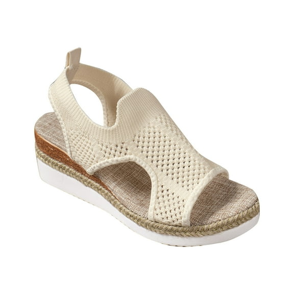 Virmaxy Womens Beach Sandals Summer Big Size New Flying Woven Fish Mouth Beach Sandals Mesh Cloth Breathable Wedge Shoes Beige 35