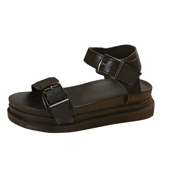 Virmaxy Womens Beach Sandals Women's New Big Size Solid Color Fish Mouth Thick Soled One-line Buckle Beach Sandals Black 35