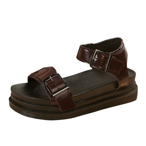 Virmaxy Womens Beach Sandals Women's New Big Size Solid Color Fish Mouth Thick Soled One-line Buckle Beach Sandals Wine 35