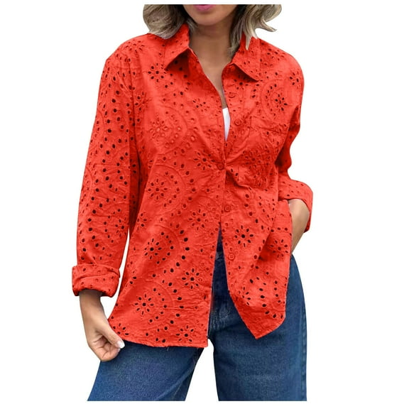 Virmaxy Womens Blouses Long Sleeve Shirt Women Casual Fashion Solid Color Button T-Shirt Long Sleeves One Shoulder Top Blouse Tops Red-2 M