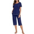 thumbnail image 1 of Virmaxy Womens Casual Sleepwear Pajamas Set Summer Round Neck Loose Pajamas 2 Piece Short Sleeve Solid Color T-Shirt Top Elastic Waist Tie Pocket Capri Pants Casual Set Blue M, 1 of 9