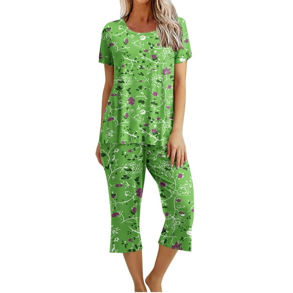 Virmaxy Womens Casual Sleepwear Pajamas Set Vintage Printed Short Sleeve Pajamas Capri Pants 2 Piece Round Neck Casual Loungewear with Pockets 2 Piece Set Green-B Xl
