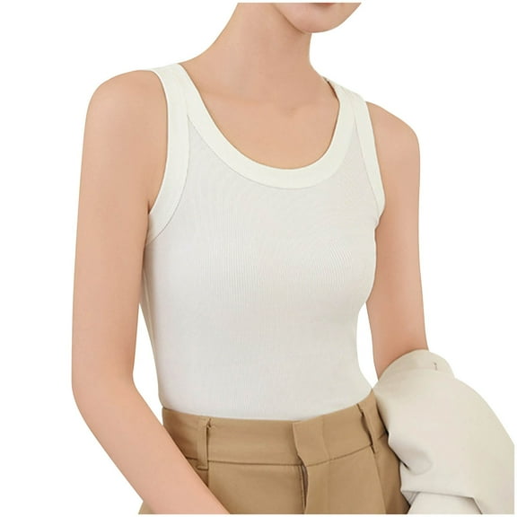 Virmaxy Womens Casual Solid Color Camisole Sleeveless Vest Round Neck Top Going Out Spring Beach Vacation Oufits Fashion Clothes 2025 Summer Dressy Casual Blouses White XXL