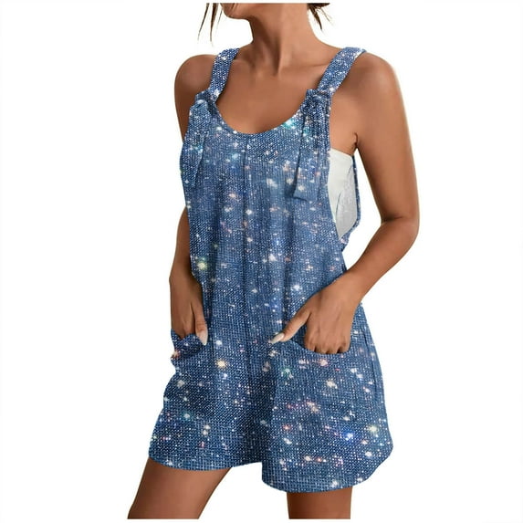Virmaxy Womens Class Fit Short Jumpsuit Faux Denim Casual Suspender Shorts Printed Pocket One-Piece Shorts Blue-B S