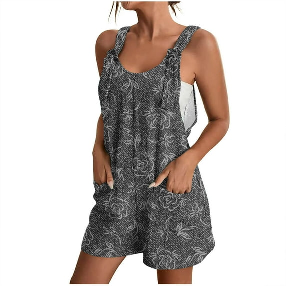 Virmaxy Womens Class Fit Short Jumpsuit Faux Denim Casual Suspender Shorts Printed Pocket One-Piece Shorts Dark Gray-A L