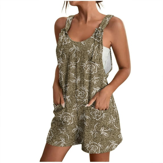 Virmaxy Womens Class Fit Short Jumpsuit Faux Denim Casual Suspender Shorts Printed Pocket One-Piece Shorts Khaki-A XL