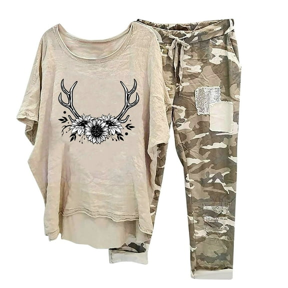 Virmaxy Womens Comfortable Loungewear Homewear 2 Piece Set Printed Loungewear Leisure Set Medium Sleeve Round Neck Top   Pants Set Khaki-C Xs