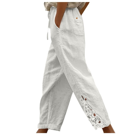 Virmaxy Womens Cotton Lace Splicing Capris Design High Waist Drawstring Pocket Studded Button 9/10 Pants Fashion Lace Relaxed Bandage Pocket Button Waist Full Length Pants White M