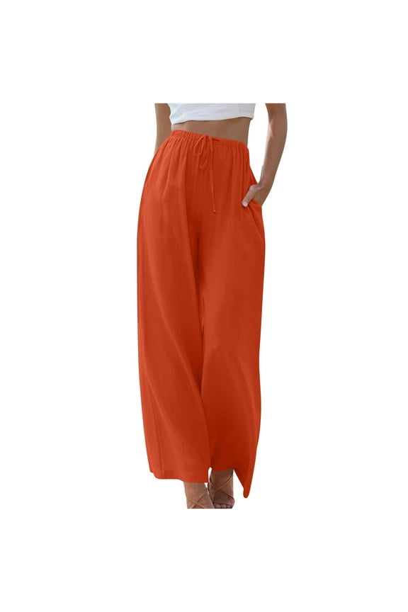 Womens Cotton Linen Palazzo Wide Leg Pants Casual Solid Pants Comfortable Elastic High Waist Wide Leg Casual Length Pants Orange XS