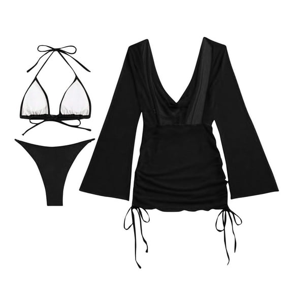 Virmaxy Womens Cover Ups Bikinis Solid Color Mesh Sunscreen Cover Ups Alluring Three Piece Split Bikini Swimsuit Suit Set Black L