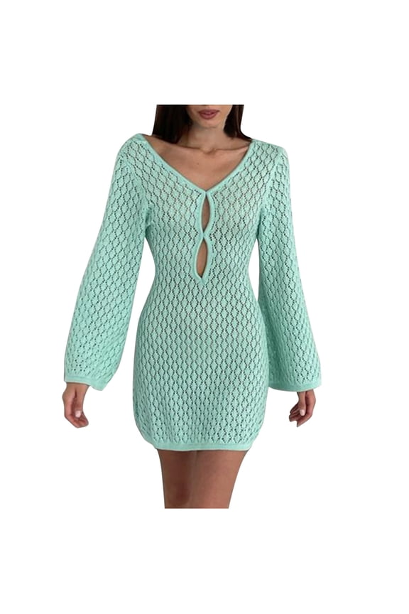 Womens Cover Ups Bikinis Summer Beach Dress Solid Color Alluring Knit Hollow Out Beach Bikini Swimsuit Cover Ups Sunwear Mint Green M