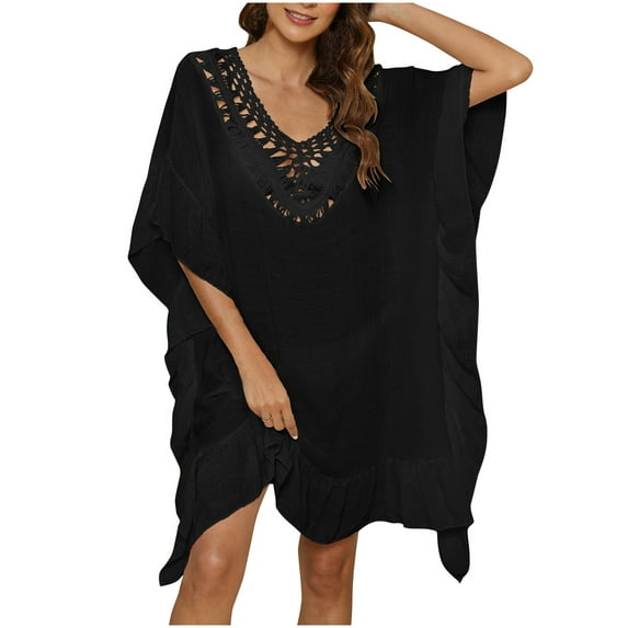 Virmaxy Womens Cover Ups Solid Beach Bikini Cover Ups Dresses Cover Ups Bathing Suit Cover Up For Beach Pool Swimwear Crochet Dress Black-A One Size
