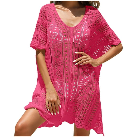 Virmaxy Womens Cover Ups Solid Color Alluring Knitted Hollow Beach Bikini Swimsuit Cover Ups Beach Dress Cover Ups Hot Pink One Size