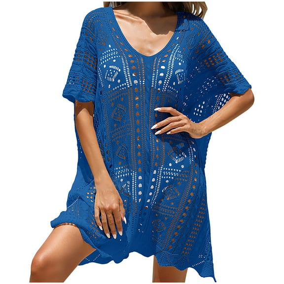 Virmaxy Womens Cover Ups Solid Color Alluring Knitted Hollow Beach Bikini Swimsuit Cover Ups Beach Dress Cover Ups Sky Blue One Size