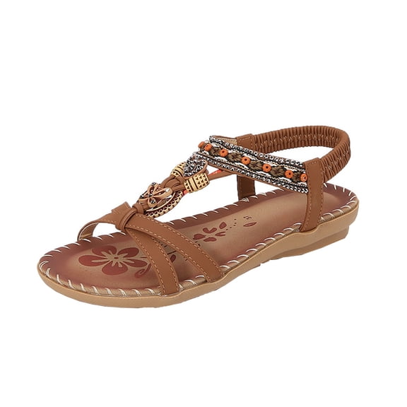 Virmaxy Womens Fashion Non-slip Women Large Bohemian Elastic Rhinestone Flower Roman Sandals Brown 36