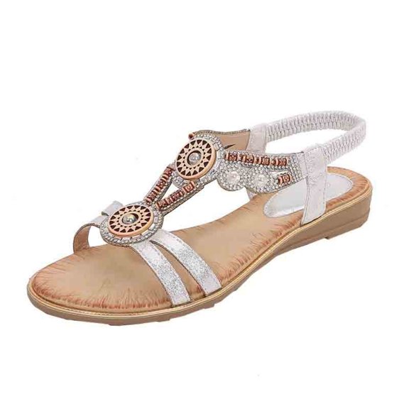 Virmaxy Womens Fashion Non-slip Women Large Bohemian Elastic Rhinestone Flower Roman Sandals Silver 36