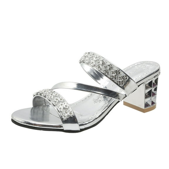 Virmaxy Womens Fashion Non-slip Women's Summer New Plus Size Medium And Round Head Rhinestones With Comfortable Sandals Silver 35
