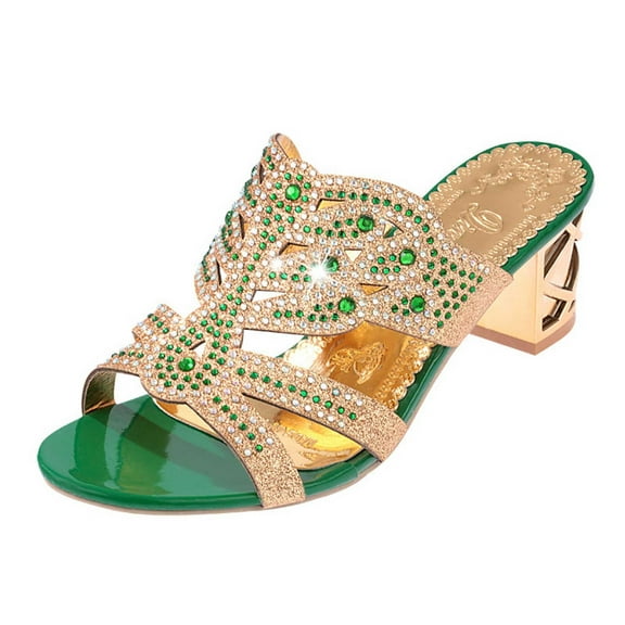 Virmaxy Womens Fashion Non-slip Women's Summer New Plus-size Rhinestone Hollowed-out Chunky One-line Sandals Green 36