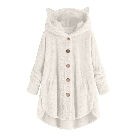 Virmaxy Womens Fashion Sherpa Hoodie Faux Shearling Fleece Cat Ear Hooded Jacket Long Sleeve Open Front Plush Outwear with Pocket Solid Button Side Split Plush Outcoat Beige M