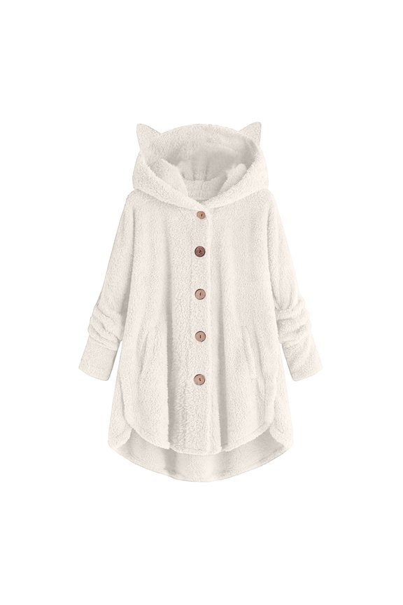 Womens Fashion Sherpa Hoodie Faux Shearling Fleece Cat Ear Hooded Jacket Long Sleeve Open Front Plush Outwear with Pocket Solid Button Side Split Plush Outcoat Beige XL