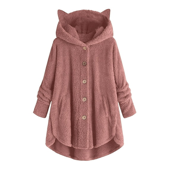 Virmaxy Womens Fashion Sherpa Hoodie Faux Shearling Fleece Cat Ear Hooded Jacket Long Sleeve Open Front Plush Outwear with Pocket Solid Button Side Split Plush Outcoat Watermelon Red XS