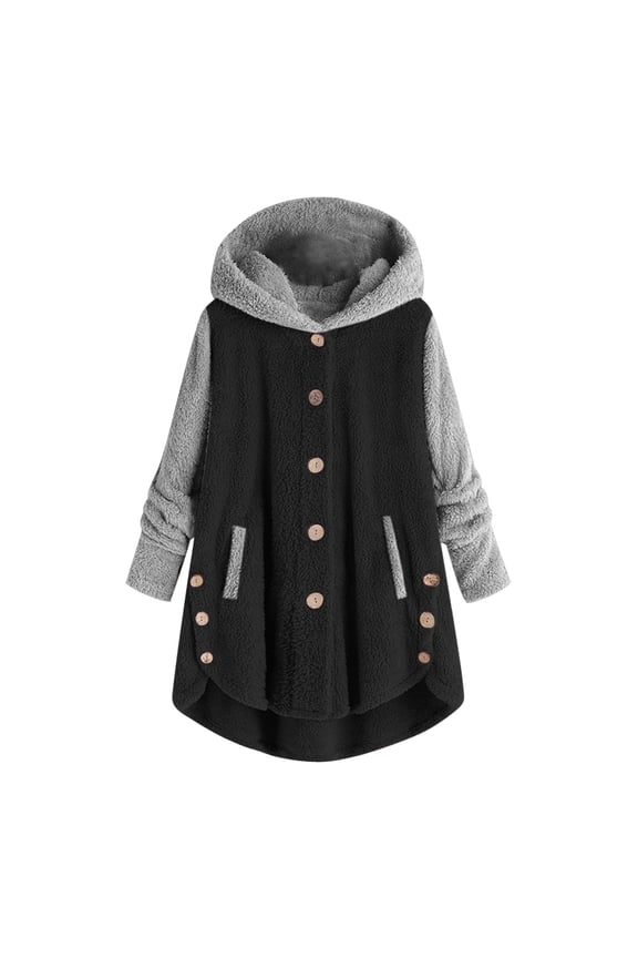 Womens Fashion Sherpa Hoodie Faux Shearling Fleece Hooded Sweatshirt Jacket Long Sleeve Open Front Plush Outwear with Pocket Color Block Button Patchwork Side Button Outcoat Black-A S