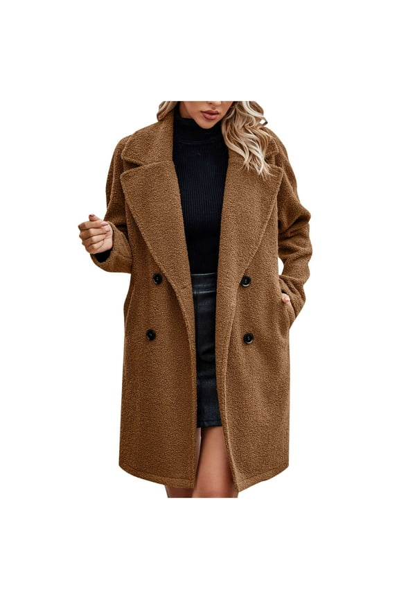 Womens Flannel Solid Shacket Jacket Solid Wool Blend Padded Open Front Coat with Pocket Notch Collar Long Sleeve Button Decoration Cardigan Trench Coat Brown M