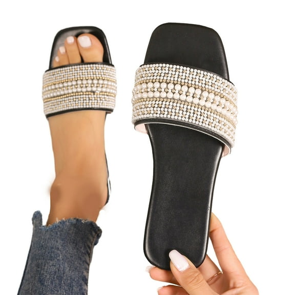 Virmaxy Womens Flat Sandals Flat-bottom Large Beaded Flip-flops Women's Rhinestones Light Beach Slippers Black 37