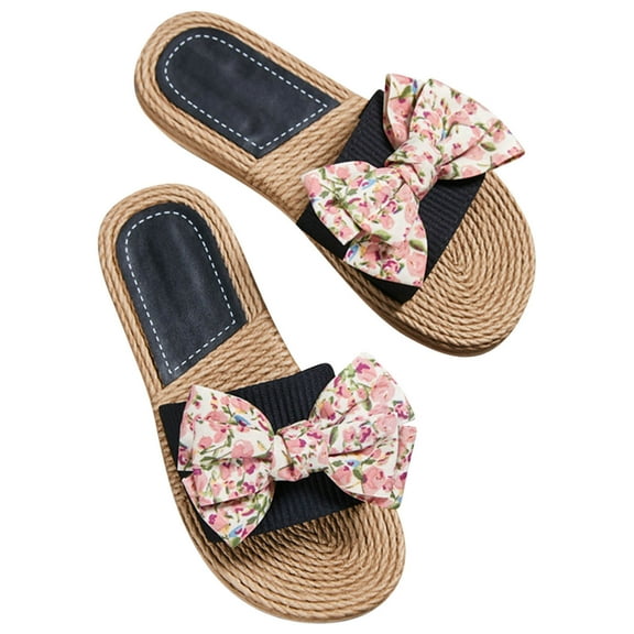 Virmaxy Womens Flat Sandals New Summer Flip-flops Linen Floral Bow Flat Sandals Pink 39