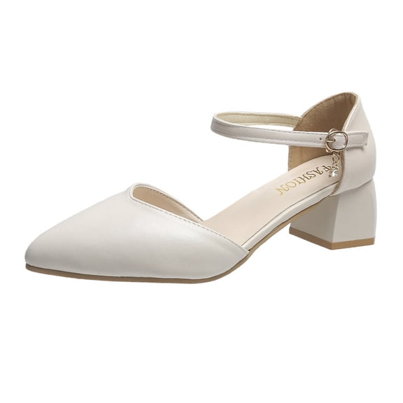 Virmaxy Womens Flat Sandals Summer Mid-Heel One-Button Hollow Thick Heel High-Heeled Profession Shoes White 35